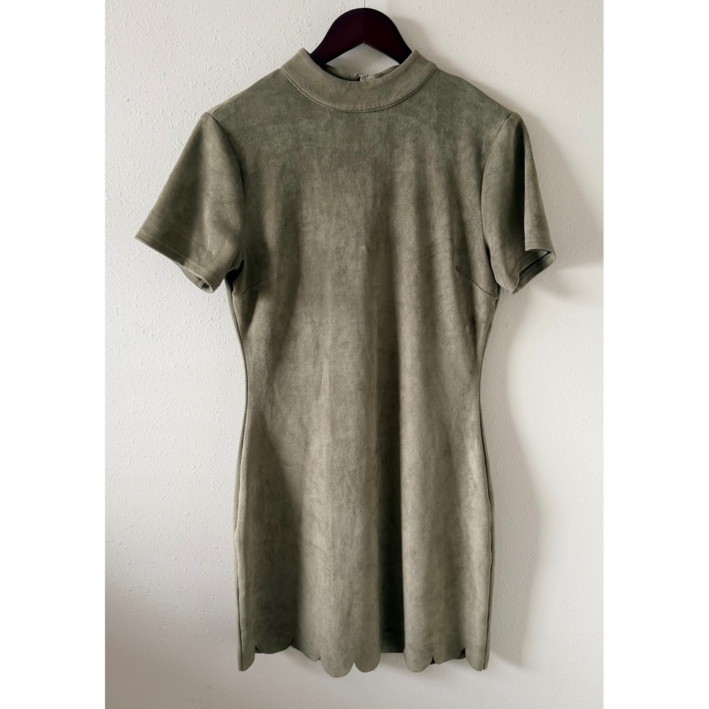 HYFVE Womens M Olive Faux Suede Mini Dress Mock Neck Scalloped Hem Fall